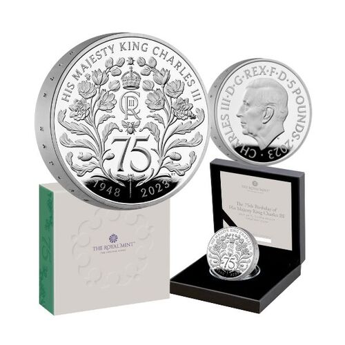 2023  £5 The 75th Birthday of His Majesty King Charles III UK Silver Proof Piedfort Coin
