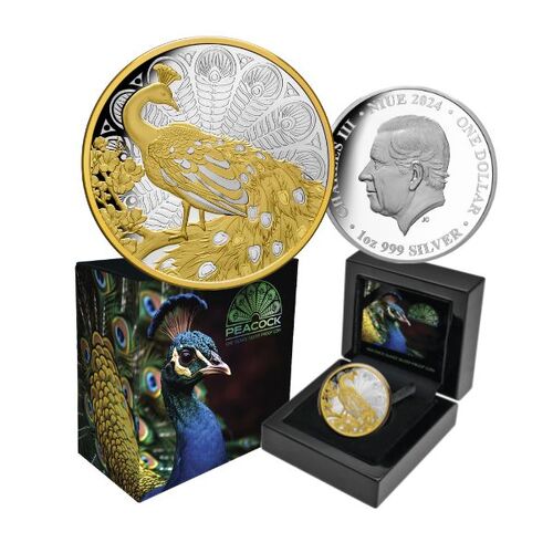 2024 $1 Peacock 1oz Gold-Plated Silver Proof Coin