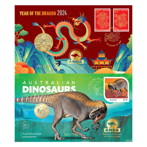 2024 ANDA Melbourne Money Expo (PM) $1 Year of Dragon & (RAM) $1 Australian Dinosaurs PNC Matching Numbered Pair