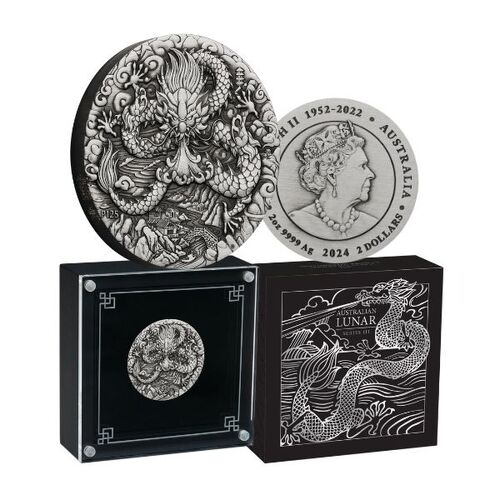 2024 Australian Lunar Series III - Year of the Dragon 2oz Silver Antiqued Coin