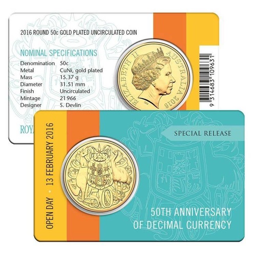 2016 Round 50c, Open Day Gold Plated Uncirculated Coin 50th Anniversary of Decimal Currency Special Release 