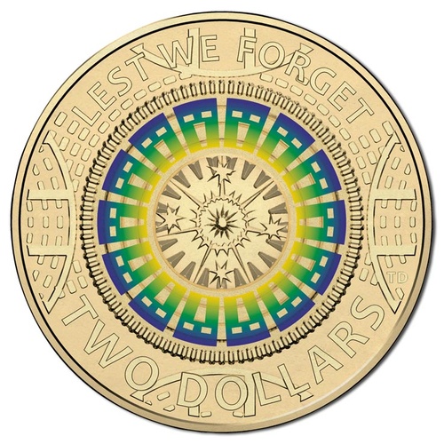 2017 Tri-Coloured $2 War Memorial Mosaic Lest We Forget Uncirculated Coin Worn/Circulated Condition