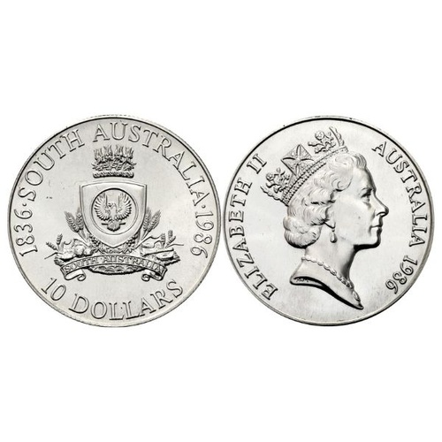 1986 $10  South Australia Silver Uncirculated Coin in 2x2 Flip
