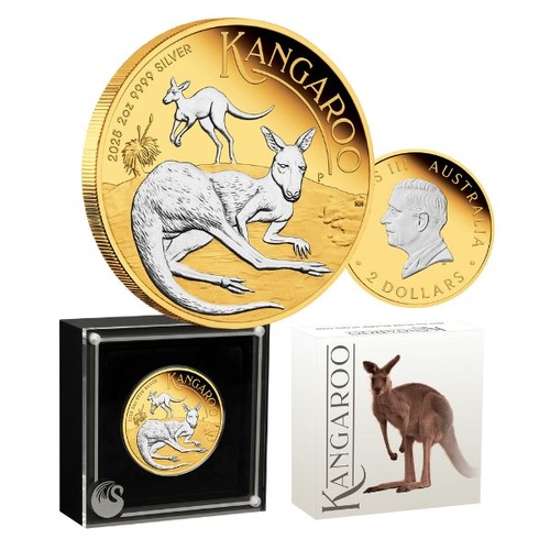 2025 $2 Australian Kangaroo 2oz Silver Proof Reverse Gilded Coin