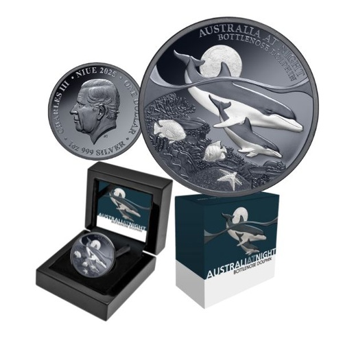 2025 $1 Australia at Night Bottlenose Dolphin 1 Oz Silver Black Proof Coin