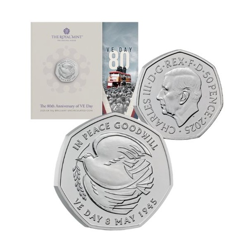 2025 50p Victory In Europe (VE Day) 80th Anniversary UK Brilliant Uncirculated Coin