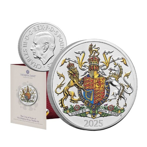 2025 £5 The Royal Coat of Arms of His Majesty King Charles III UK - Brilliant Uncirculated Coloured Coin