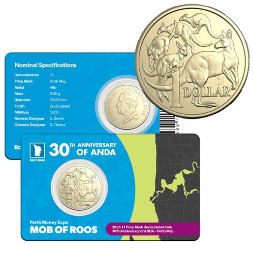 2025 ANDA Perth Money Expo $1 30th Anniversary Map Privy Mark Uncirculated Coin
