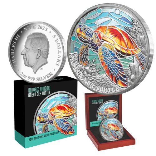  2025 $5 Green Sea Turtle - Nature’s Window  Coloured 2oz Silver Proof Coin