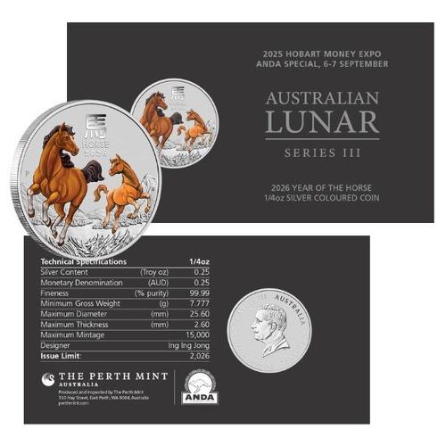  2025 25c Hobart Money Expo 2026 Australian Lunar Series III  Year of The Horse 1/4 oz Silver Coloured Coin
