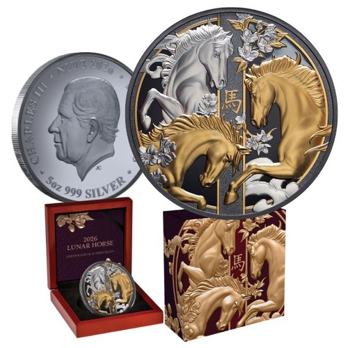 2026 $10 Lunar Year of the Horse Gold-Plated  5oz Silver Black Proof Coin