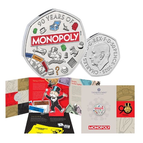 2025 50p Monopoly 90th Anniversary Coloured Brilliant Uncirculated Coin