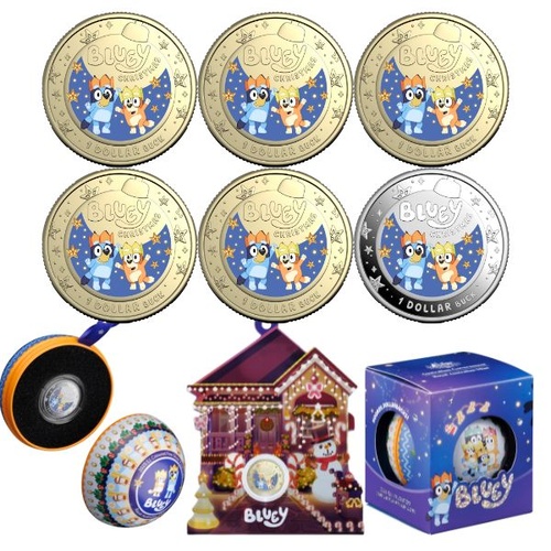  Bluey Christmas Combo 2025 $1 Bluey Christmas Decoration Colour Silver Proof Coin + 5 x Uncirculated Bluey $1 Christmas Decoration Coins