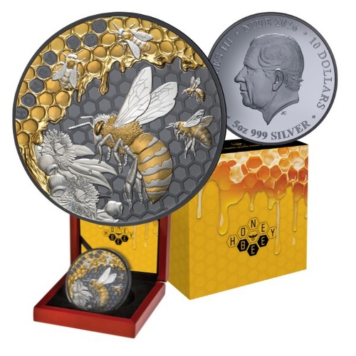2026 $10 Honey Bee 5oz Gold Plated Silver Black Proof Coin
