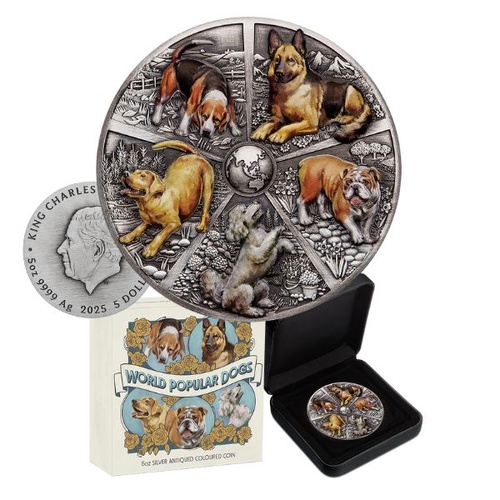 2025 $5 World Popular Dogs 5 Oz Silver Antiqued Coloured Coin