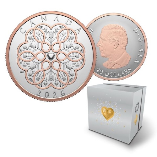 2026 $20 Celebrate Love Rose Gold Plated Fine Silver Coin Royal Canadian Mint