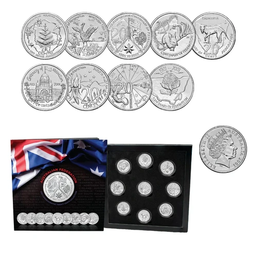 2001 Australia Federation Centenary 20c States & Territories Uncirculated 9 Coin Portfolio