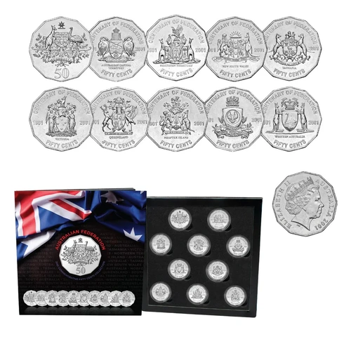 2001 Australia Federation Centenary 50c States & Territories Uncirculated 10 Coin Portfolio