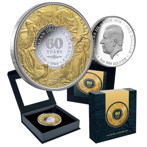 2026 $1 Decimal Currency 60th Anniversary  Gold-plated 1 Oz Silver Proof Coin