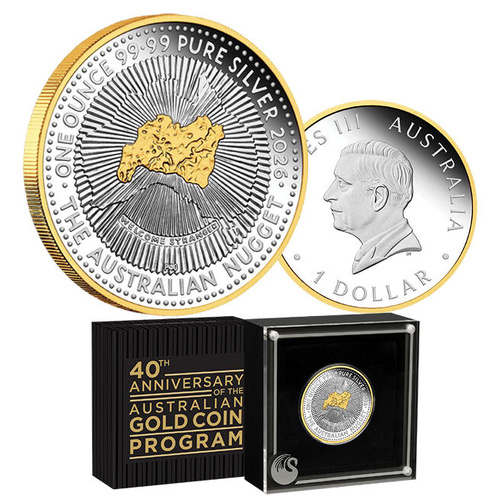 2026 $1 40th Anniversary of the Australian Nugget 1 Oz Silver Gilded Proof Coin