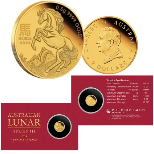 2026 $2 Year of the Horse Australia Lunar Series III 0.5g Gold Proof Coin