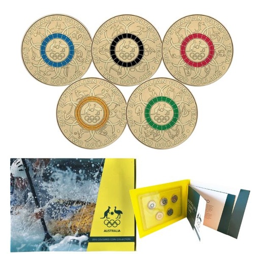 2016 $2 Olympic Rings - Australian Rio Olympic Team Set of 5 Coloured Uncirculated Coins - Kayak Folder Style