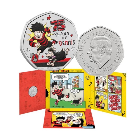 2026  50p 75 Years of Dennis the Menace UK  Brilliant Uncirculated Colour Coin