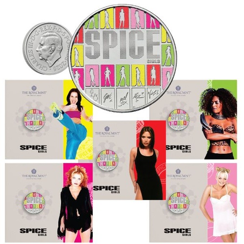 5 x 2026 £5 The Spice Girls Coloured Brilliant Uncirculated Coin Set Of All Card Styles