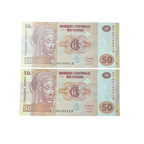 2022 Democratic Republic of the Congo 50 Francs Consecutive Serial Number Uncirculated Pair of Banknotes