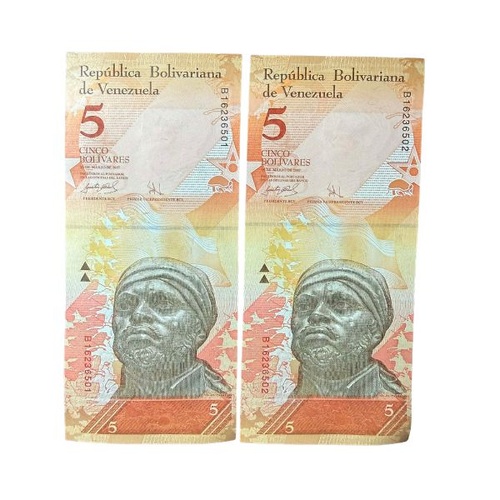2007 Venezuela 5 Bolivares Consecutive Serial Number Uncirculated Pair of Banknotes