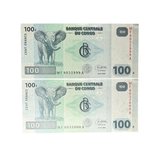 2022 Democratic Republic of the Congo 100 Francs Consecutive Serial Number Uncirculated Pair of Banknotes