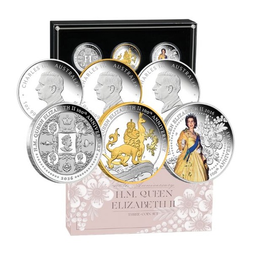 2026 H.M. Queen Elizabeth II 100th Anniversary 1 Oz Silver Three-Coin Set