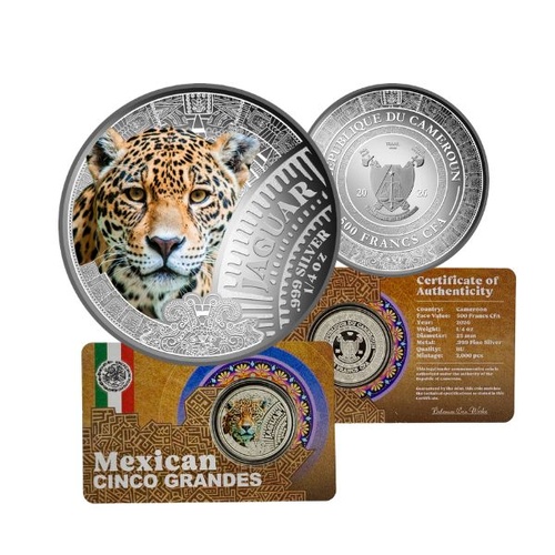2026 Jaguar - Mexican Cinco Grandes (Big 5) 1/4 Oz Silver Coin In Card