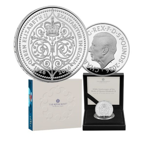 2026 £5 100th Anniversary of the Birth of Queen Elizabeth Silver Proof Coin