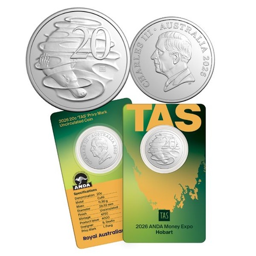2026 'TAS' Privy 20c Hobart ANDA Money Expo  Uncirculated Coin Card