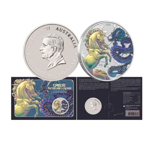 2026 Dragon and Horse - Chinese Myths and Legends 1 Oz Silver Opalite Coloured Coin in Card