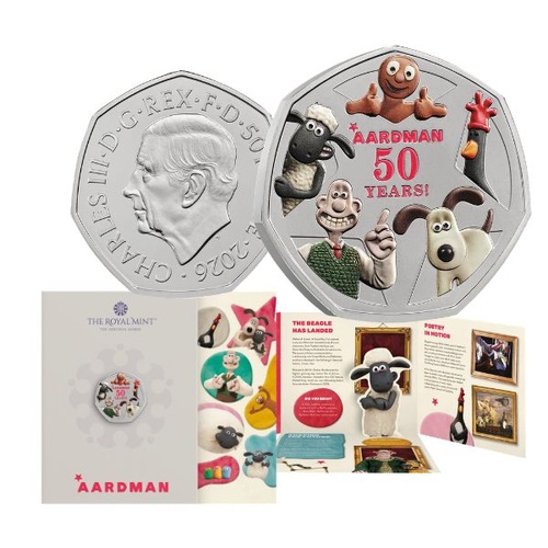 2026 50p 50 Years of Aardman Brilliant Uncirculated Colour Coin
