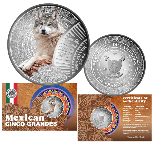 2026 Grey Wolf - Mexican Cinco Grandes (Big 5) 1/4oz Silver Coin in Card
