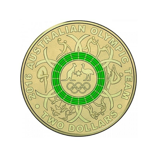 2016 $2 Green Olympic Ring - Rio Olympics Coloured Coin Worn/Circulated Condition