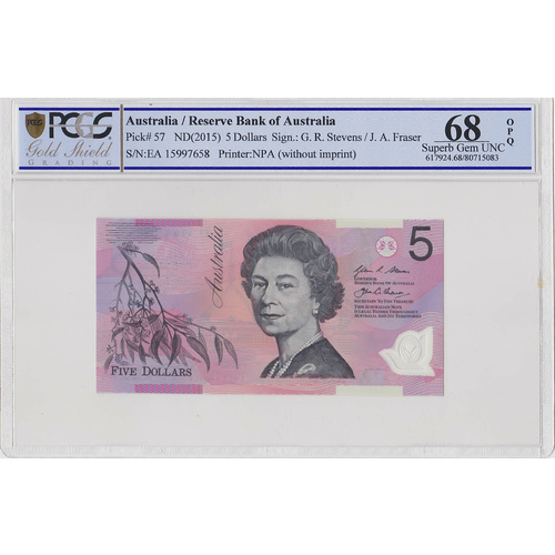 2015 $5 Stevens/Fraser PCGS MS68 EA Last Prefix Polymer Banknote