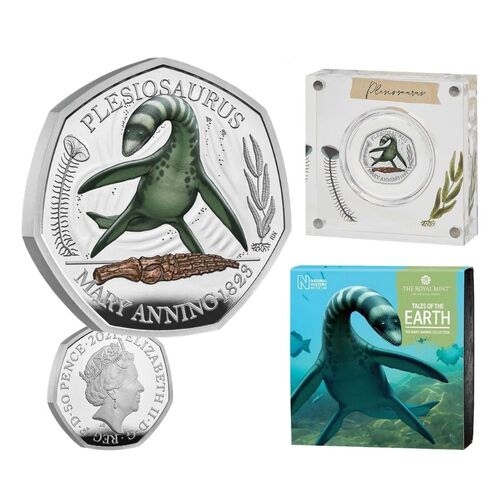 2021 50p Dinosaur Plesiosaurus Colour Silver Proof Coin