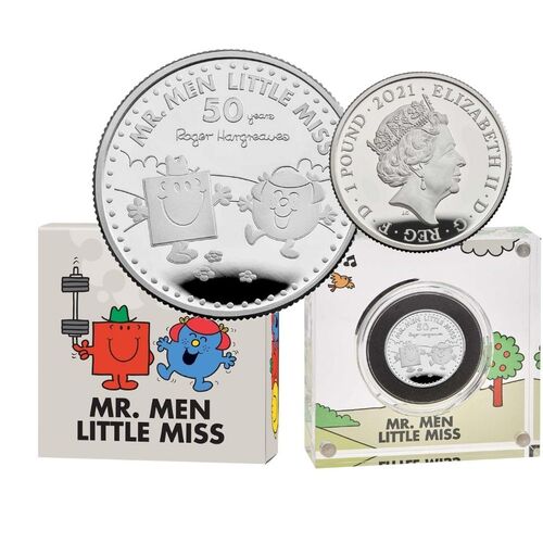2021 50th Anniversary of Mr Men, Mr Strong & Little Miss Giggles £1 1/2oz Silver Proof Coin
