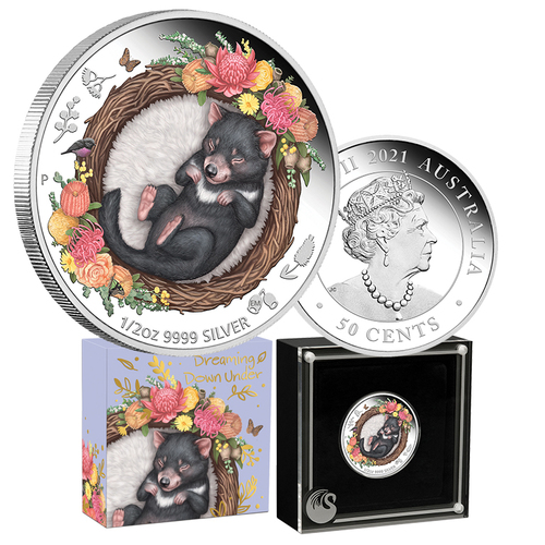 2021 50c Dreaming Down Under Tasmanian Devil 1/2oz Coloured Silver Proof Coin